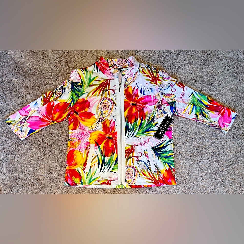 Knit Chic Lifestyle three-quarter sleeved tropical floral jacket.